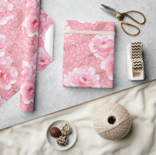 Pink Peonies Floral Gold Elegant Wrapping Paper