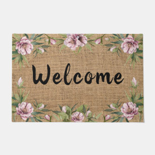 Pink Peonies Floral Greenery Spring Burlap Doormat