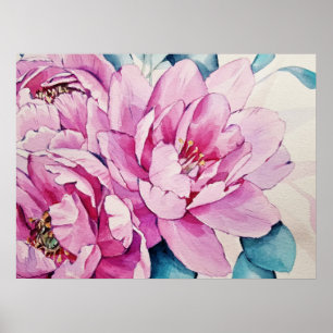 Pink Peonies Floral Watercolor Art Poster Paper