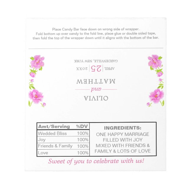 Pink Peonies Floral Wedding Candy Wrappers Notepad (Front)