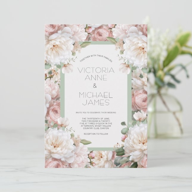 Pink Peonies Floral Wedding Invitation (Standing Front)