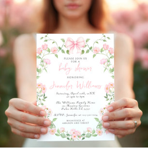 Pink Peonies Floral Wreath Bow Baby Girl Shower Invitation