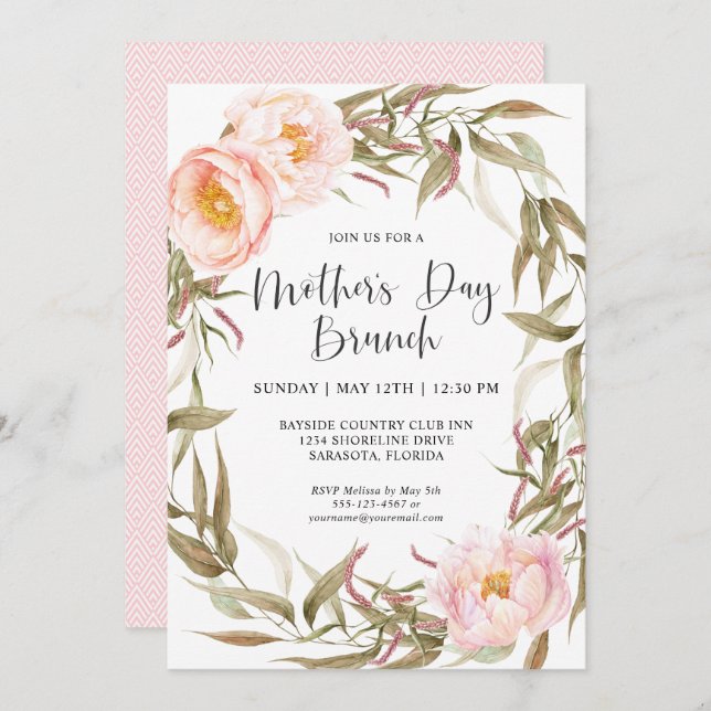 Pink Peonies Floral Wreath Mothers Day Brunch Invitation (Front/Back)