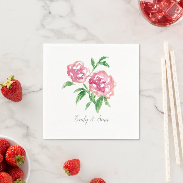Pink Peonies Flower Custom Wedding Monogram  Napkin (Insitu)