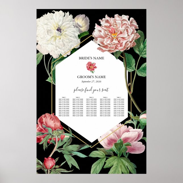 Pink Peonies Flowers Wedding Black Seating Chart (Front)