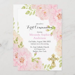 Pink Peonies Gold Cross First Communion Invitation