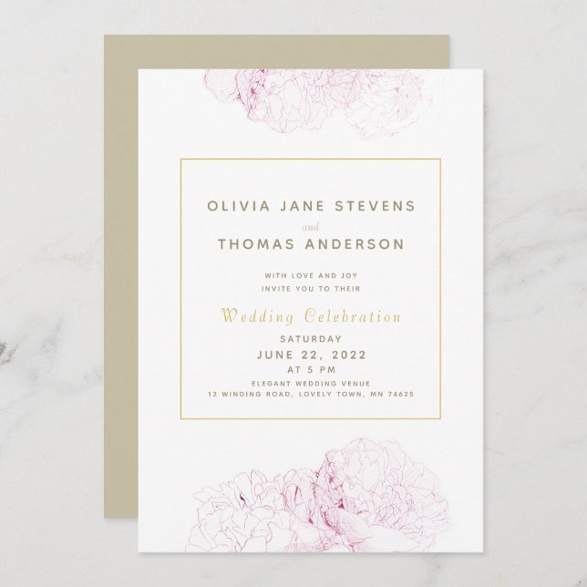 Pink Peonies Gold Elegant Modern Classic Wedding  Invitation (Front/Back)