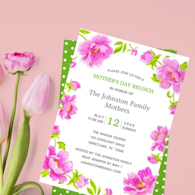 Pink Peonies Green Polka Dot Mother's Day Brunch Invitation (Creator Uploaded)