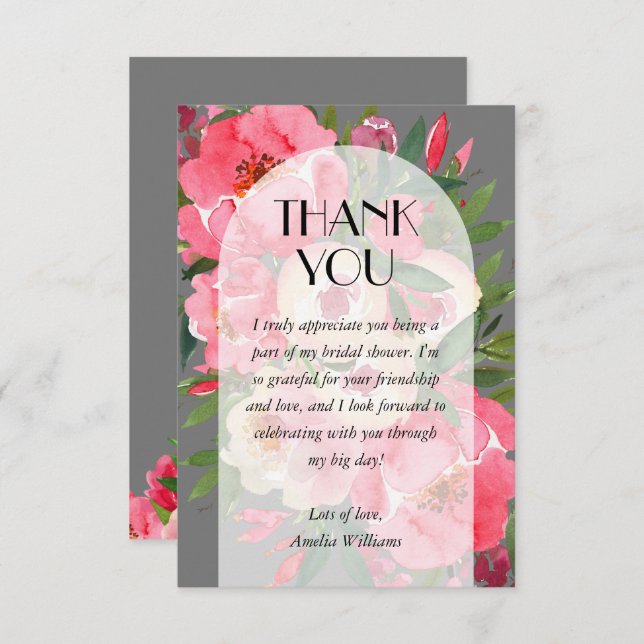 Pink Peonies Grey Bridal Shower  Thank You Card (Front/Back)