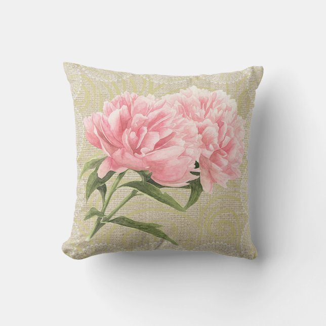 Pink peonies & lace floral vintage pillow (Front)