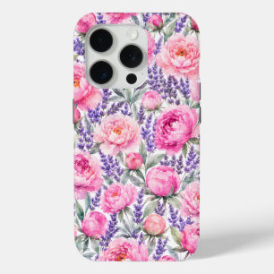 Pink Peonies & Lavender Watercolor Floral Pattern iPhone 15 Pro Case