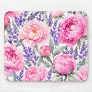 Pink Peonies & Lavender Watercolor Floral Pattern Mouse Pad