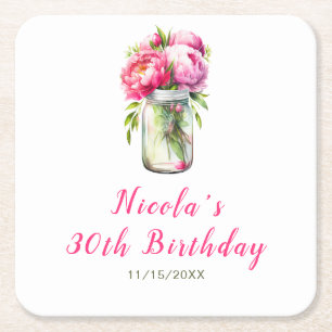 Pink Peonies Mason Jar Birthday Square Paper Coaster