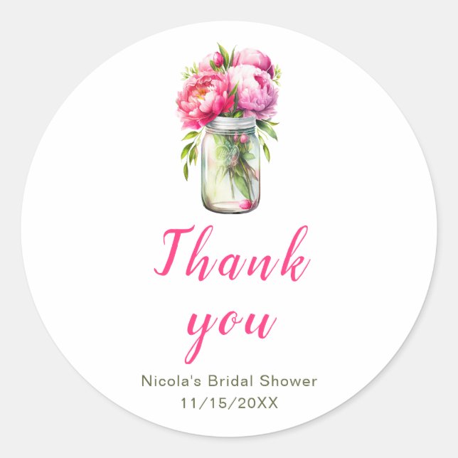 Pink Peonies Mason Jar Bridal Shower Classic Round Sticker (Front)