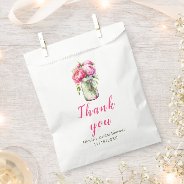 Pink Peonies Mason Jar Bridal Shower Favour Bags (Clipped)