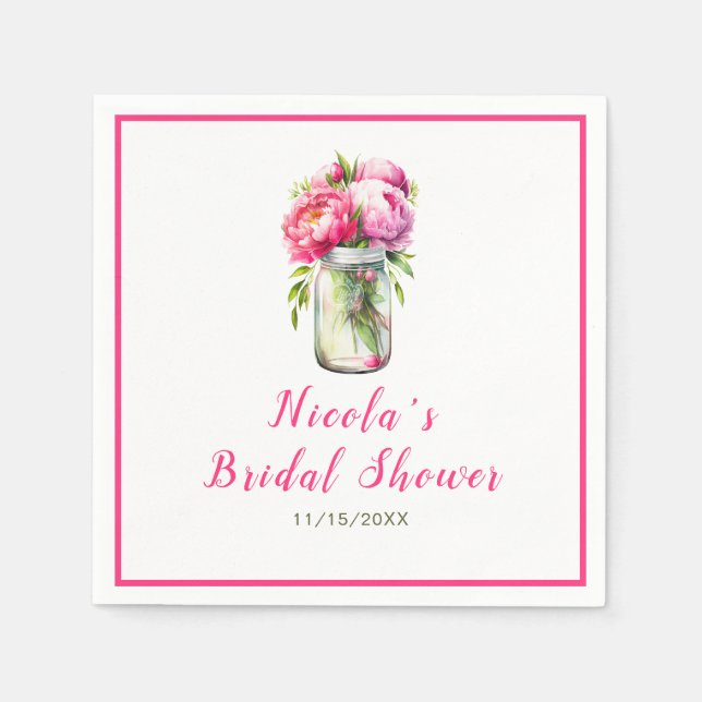 Pink Peonies Mason Jar Bridal Shower Napkin (Front)