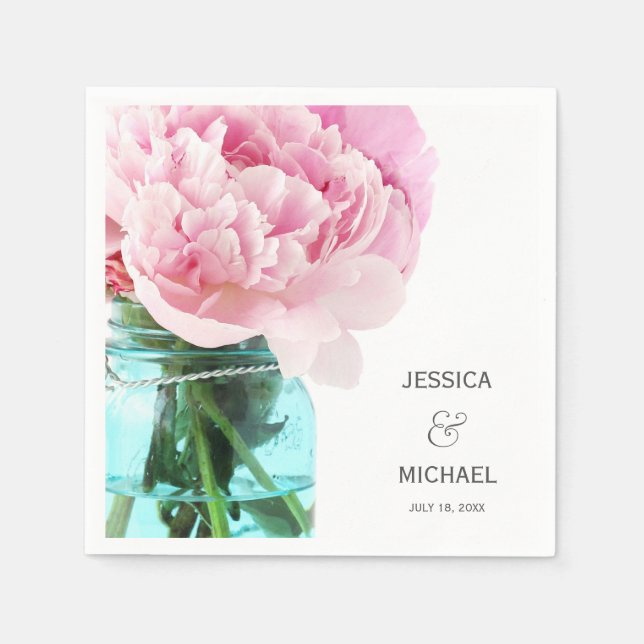 Pink Peonies Mason Jar Personalised Wedding Napkin (Front)