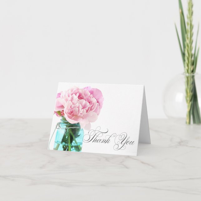 Pink Peonies Mason Jar Thank You Card (Front)