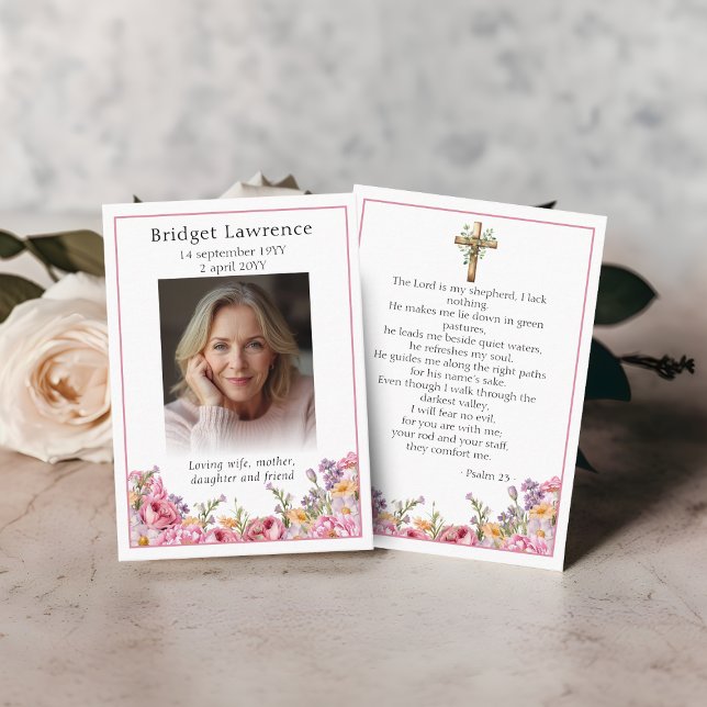 Pink Peonies Memorial Photo Psalm 23 Prayer Card (Creator Uploaded)