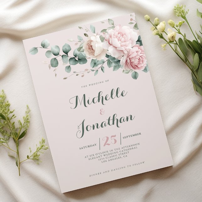 Pink peonies mint green eucalyptus foliage Wedding Invitation (Pink peonies mint green eucalyptus foliage Wedding)