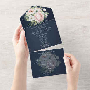 Pink Peonies Navy Background Wedding Invitation