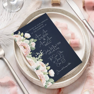 Pink Peonies Navy Background Wedding Invitation
