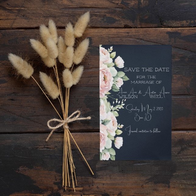 Pink Peonies Navy Background Wedding Save the Date Enclosure Card (Creator Uploaded)
