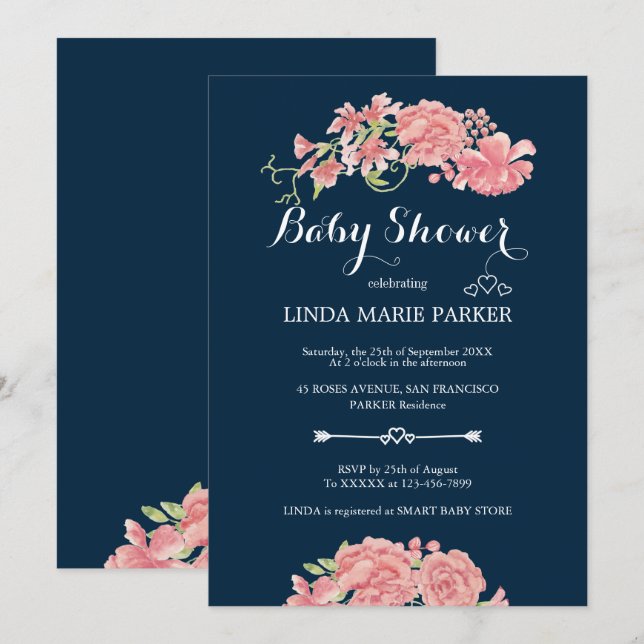 Pink peonies navy blue floral elegant baby shower invitation (Front/Back)
