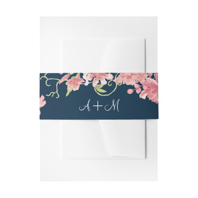 Pink peonies navy blue floral monogrammed wedding invitation belly band (Front Example)
