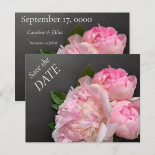 Pink peonies on dark grey save the date