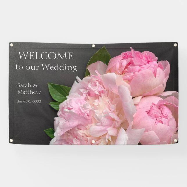 Pink peonies on dark grey wedding banner (Horizontal)