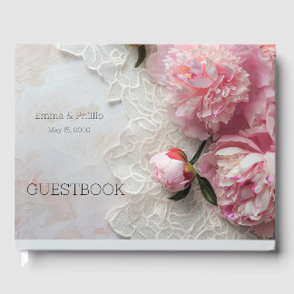 Pink peonies on lace guest book