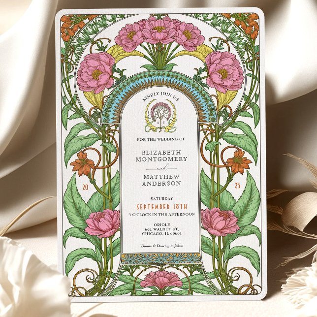 Pink Peonies & Orange Blooms Art Nouveau Wedding Invitation (Creator Uploaded)