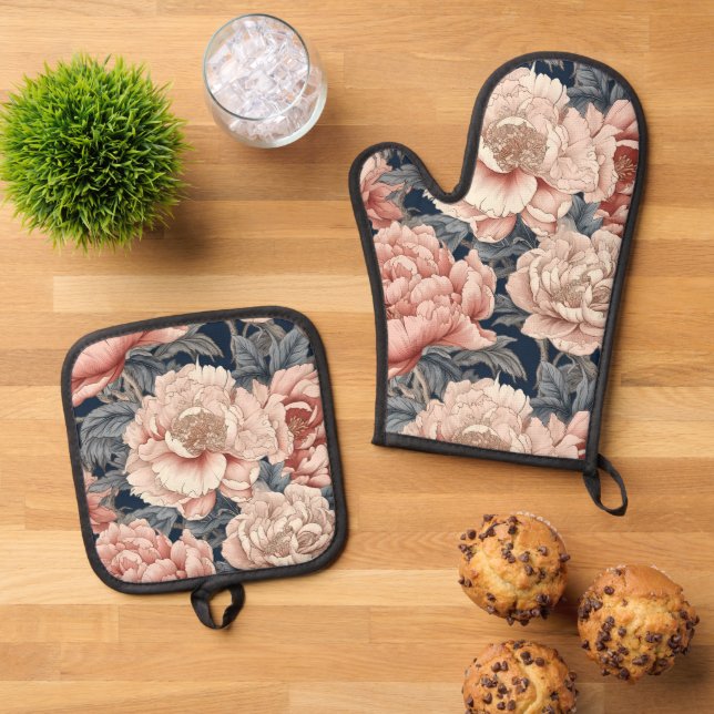 Pink Peonies Oven Mitt & Pot Holder Set (Top Down)