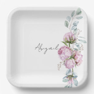 Pink Peonies Personalised Script Bridal Shower  Paper Plate