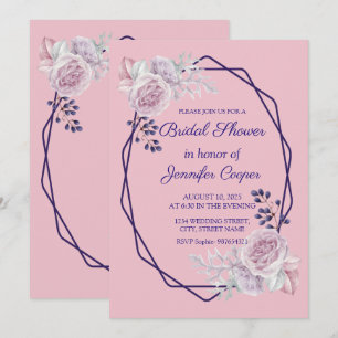 Pink Peonies Purple Geometric Frame Bridal Shower Invitation