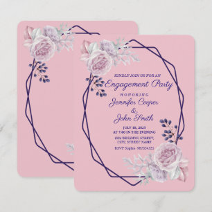 Pink Peonies Purple Geometric Frame Engagement Invitation