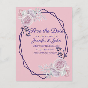 Pink Peonies Purple Geometric Frame Save the Date Announcement Postcard
