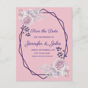 Pink Peonies Purple Geometric Frame Save the Date Announcement Postcard