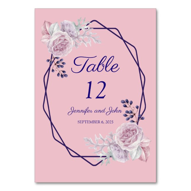 Pink Peonies Purple Geometric Frame Wedding Table Number (Front)