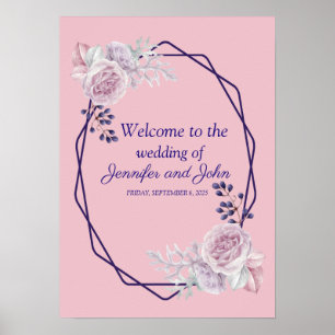 Pink Peonies Purple GeometricFrame Wedding Welcome Poster