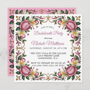 Pink Peonies Rococo Frame Bachelorette Party Invitation