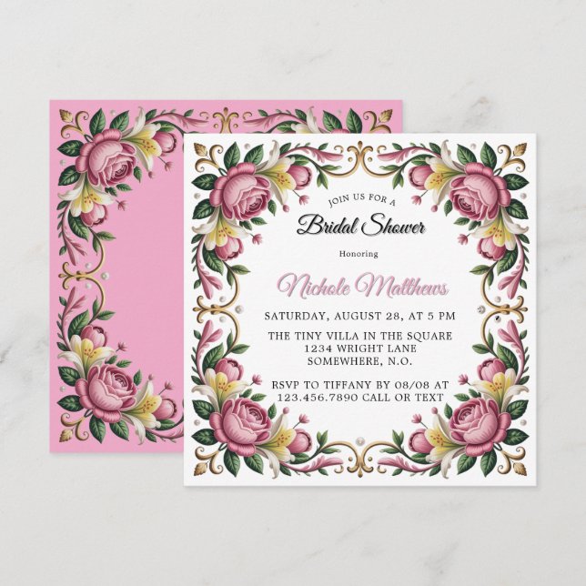 Pink Peonies Rococo Frame Bridal Shower Invitation (Front/Back)