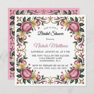 Pink Peonies Rococo Frame Bridal Shower Invitation