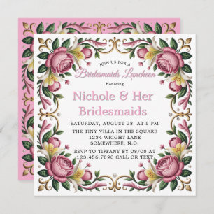 Pink Peonies Rococo Frame Bridesmaids Luncheon Invitation