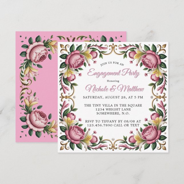 Pink Peonies Rococo Frame Engagement Party Invitation (Front/Back)