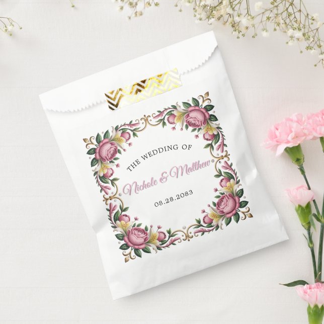 Pink Peonies Rococo Frame Wedding Favour Bags (Sealed)