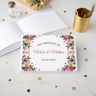 Pink Peonies Rococo Frame Wedding Guest Book