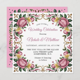 Pink Peonies Rococo Frame Wedding Invitation
