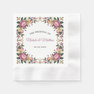 Pink Peonies Rococo Frame Wedding Napkin
